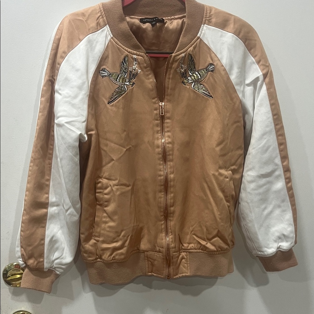 Kendall & Kylie Tan and White Embroidered Bomber Jacket